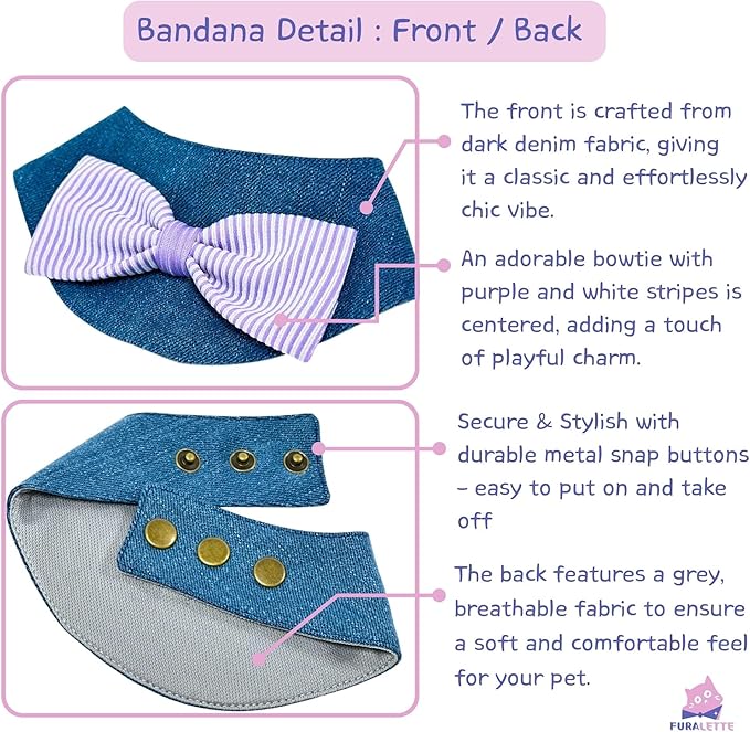 Denim Dog Bandana – Striped Bowtie, Soft & Durable Pet Scarf with Adjustable Metal Snap Buttons for Dogs & Cats (Purple, X-Large)