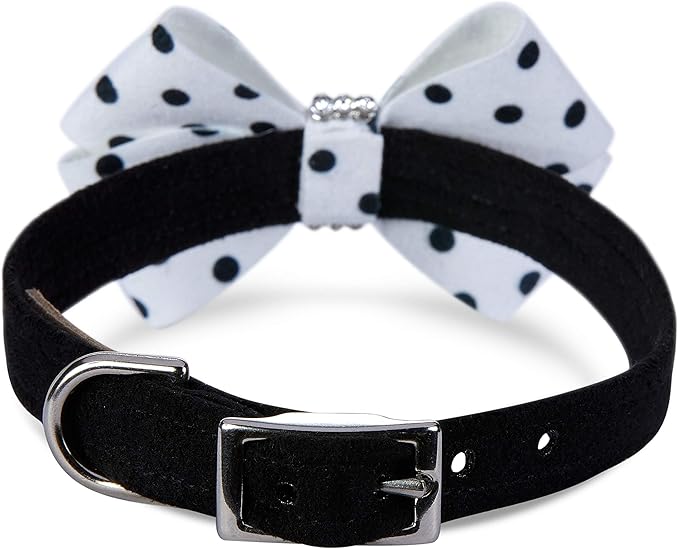 Susan Lanci Designs Ultrasuede Premium Dog Collar with Nouveau Bow, Black & White Polka Dot, XX-Small