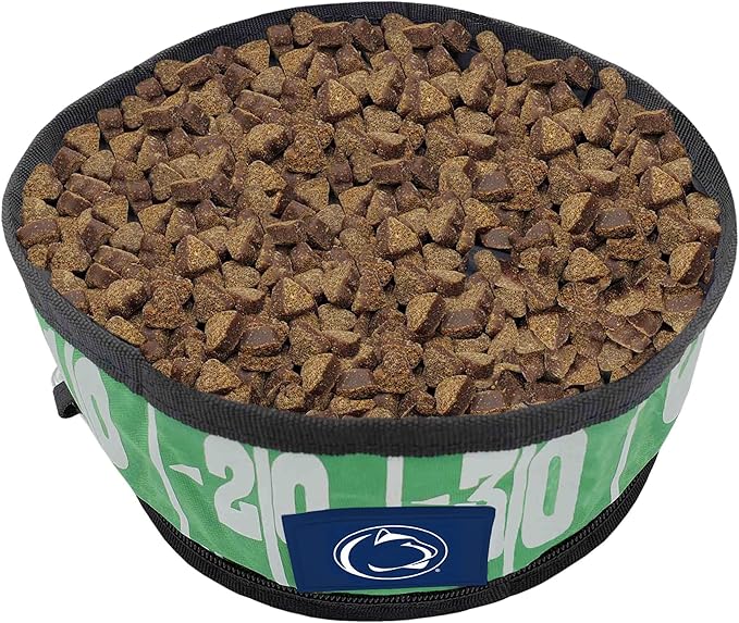 Pets First NCAA Penn State Nittany Lions Collapsible Dog Travel Bowl, Food and Water Bowl for Dogs & Cats. Lightweight Leak-Proof Pet Bowl for Travel with Football Field & Pebble-Grain Design
