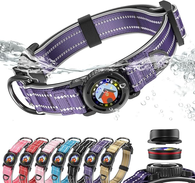 Upgrade Airtag Dog Collar,with IPX8 Waterproof AirTag Holder | Reflective Ultra-Durable | Soft Padded | Lock Buckle | Heavy Duty | Fit Small Medium Large Dogs（Purple，S(12"～15")）