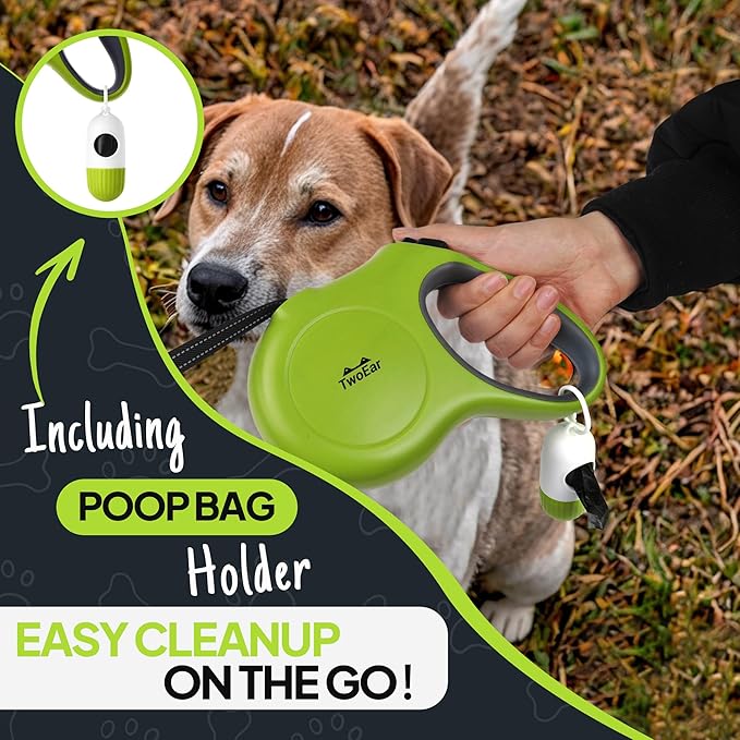 Twoear Retractable Dog Leash 16ft - Heavy Duty Reflective Nylon Tape Leash with Poop Bag Holder & Anti-Twist Protection for Small, Medium, Large Dogs up to 110 lbs