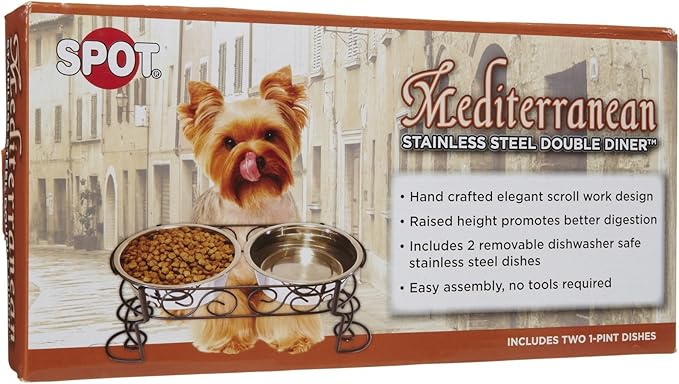 SPOT Mediterranean Double Diner Elevated Dog Bowls – Raised Feeder with Stainless Steel Bowls – 1 Pint Capacity per Bowl (2 Cups Total) – Promotes Better Digestion – Decorative Metal Stand, Black