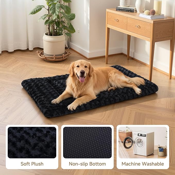 Washable Dog Bed Mat Soft Dog Crate Pad Fluffy Pet Kennel Beds Sleeping Mattress with Non-Slip Bottom for Large Jumbo Medium Small Dogs, 47 x 29 Inch, Black