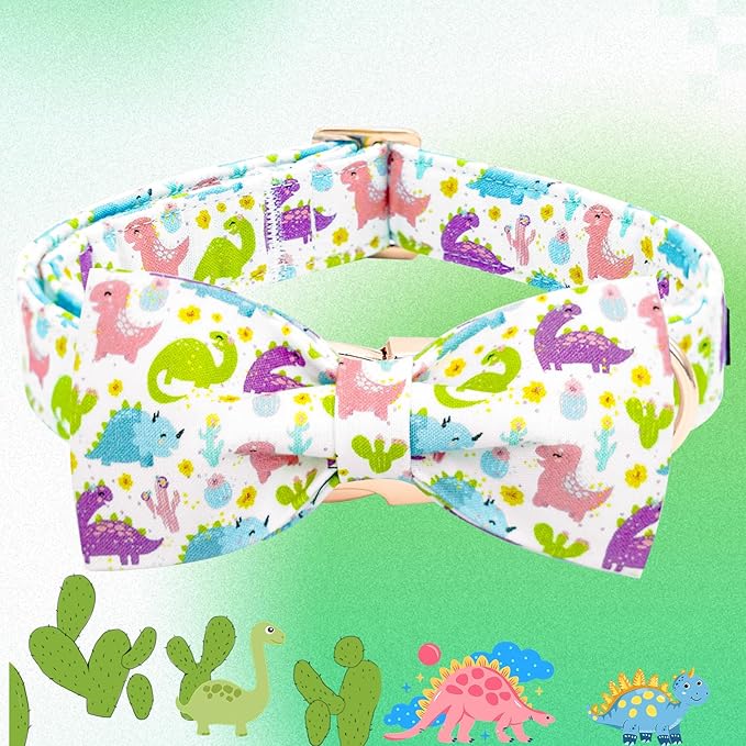 Elegant little tail Dog Collar- Cute Dinosaur Dog Collar with Bow for Small Dogs,Male Adjustable Cotton Summer Pet Bow Holiday Puppy Collar for Small Medium Large Dogs