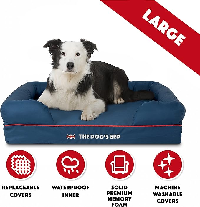 The Dog’s Bed Orthopedic Memory Foam Dog Bed with Bolsters, Oxford Fabric, Blue with Dark Red Trim, Large