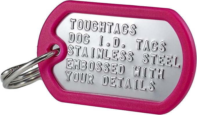 Dog Tags for Dogs, Custom Dog Collar ID Tag Personalized for Pets - Super Tough, Quiet Embossed Military Style Stainless Steel Dog Name tag (Pink)