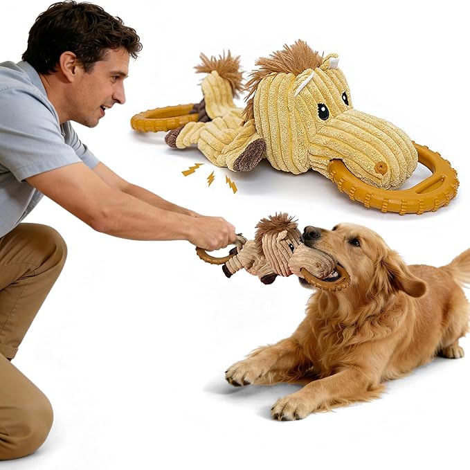 Corduroy Dog Chew Toy with Squeaker and Interactive Rubber Ring for Small Medium Large Breeds - Ideal for Tug of War and Fetch Play (Medium, Pony)