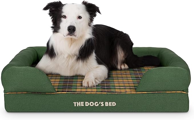 The Dog’s Bed Orthopedic Memory Foam Dog Bed with Bolsters, Oxford Fabric, Green Tartan, Large