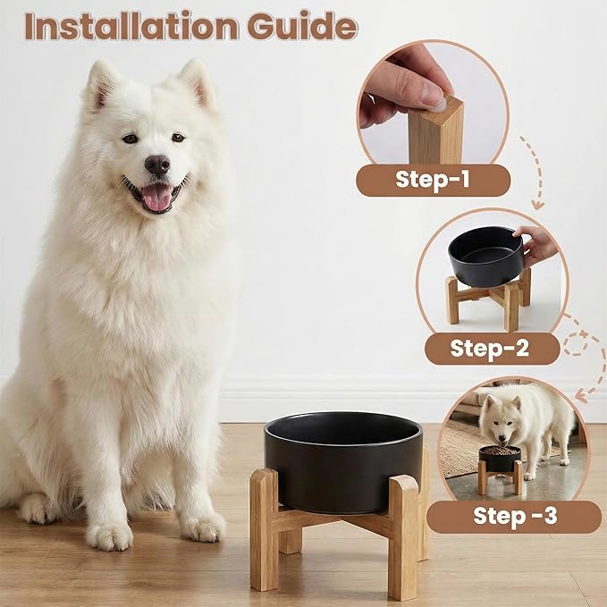 hjn Elevated Ceramic Dog Bowl with Bamboo Stand, Raised Pet Feeding Station for Small Medium Dogs Cats, Modern Design with Anti-Slip Base (Black, 7.6Cup)