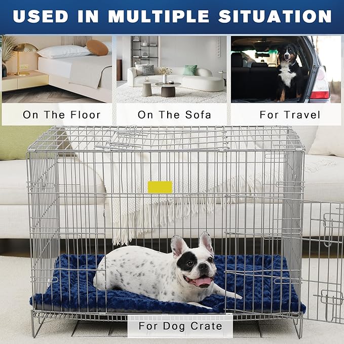 Washable Dog Bed Mat Dog Crate Pad Soft Fluffy Pet Kennel Beds Dog Sleeping Mattress for Large Jumbo Medium Small Dogs, 35 x 22 Inch, Blue