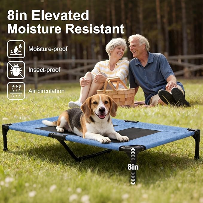 Dog Bed Medium Size Dog, Raised Pet Cot for Medium and Large Dogs, Cooling Breathable Mesh, Durable Sturdy Frame, Washable Cover, Portable and Easy to Assemble Indoor/Outdoor Pet Bed, Blue, M