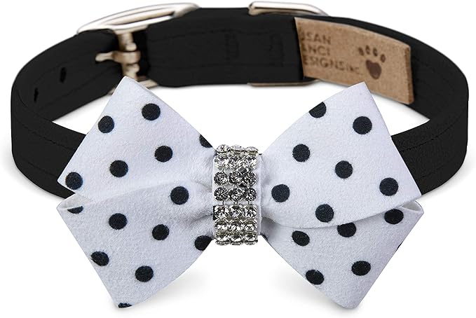 Susan Lanci Designs Ultrasuede Premium Dog Collar with Nouveau Bow, Black & White Polka Dot, XX-Small