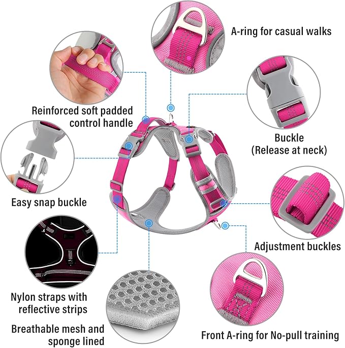 Plutus Pet No Pull Dog Harness, Release at Neck, Reflective Adjustable Dog Vest Harness, Easy Control Handle for Walking, for Small Medium Large Dogs, Hot Pink, L