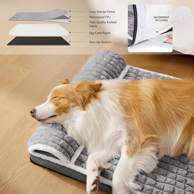Orthopedic XL Dog Bed Large Sized Dog with Pillow 42''X28'', Waterproof Soft Comfortable Egg Crate Foam Pet Crate Beds Mat with Removable Washable Cover and Non-Slip Bottom, Grey