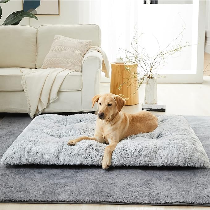 BFPETHOME Dog Beds for Large Dogs, Plush Dog Crate Bed Fluffy Cozy Kennel Pad for Sleeping &Ease Anxiety, Washable Pet Mats with Anti-Slip Bottom for Large Dogs, Grey