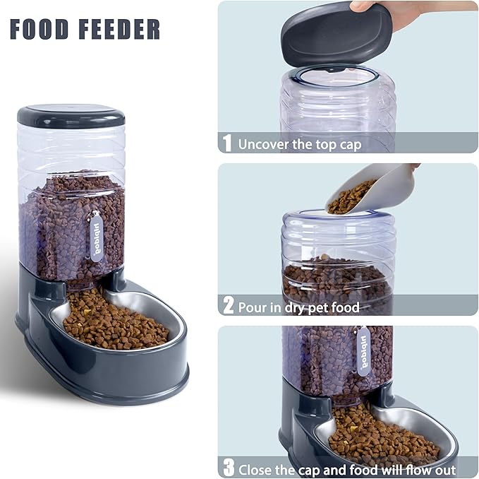 Cats Dogs Automatic Food Feeder and Water Dispenser Set 3.8L with Stainless Steel Bowl