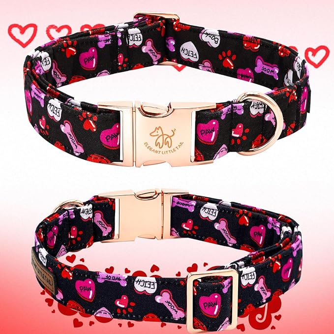 Elegant little tail Valentine's Dog Collar，Cute Heart Dog Collar with Bow for Small Dogs, Female or Male Adjustable Cotton Pet Collar Puppy for Small Medium Large Dogs