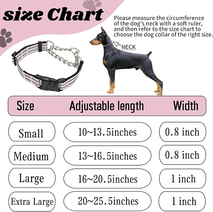 Martingale Dog Collars, Reflective Nylon Collar with Stainless Steel Chain, Adjustable Walking Training Dog Collars with Quick Release Buckle, Suitable for Small Medium Large Dogs(Pink,S)