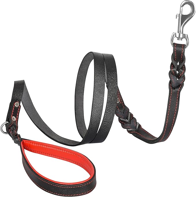 Riparo Leather Dog Leash 6ft with 2 Handles Padded Leash for Extra Control, Leather Dog Leashes for Large Breed Dogs Training Walking Heavy Duty Leashes for Dogs (Black/Red Thread, L: 3/4" x6ft)
