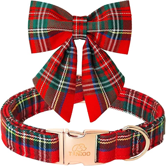 Tunkoo Christmas Dog Collar with Pretty Bow Tie - Red & Green Plaid Pet Collar, Adjustable Available in Small Medium Large, Gift for Girls Boys Dog, M