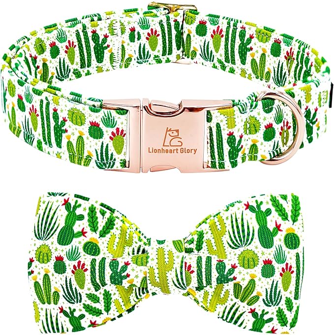 Lionheart glory Dog Bow Collar Green Cactus Print Collars for Small Dogs,Spring Summer Cute Dog Collar with Bowtie Pet Collars Bows Pet Gift