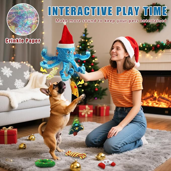 Christmas Dog Toys, Octopus Dog Toy with 10 Pcs Small Dog Toy, Crinkle Plush Dog Toy for Puppies, Interactive Holiday Pet Toys Sets (Blue)