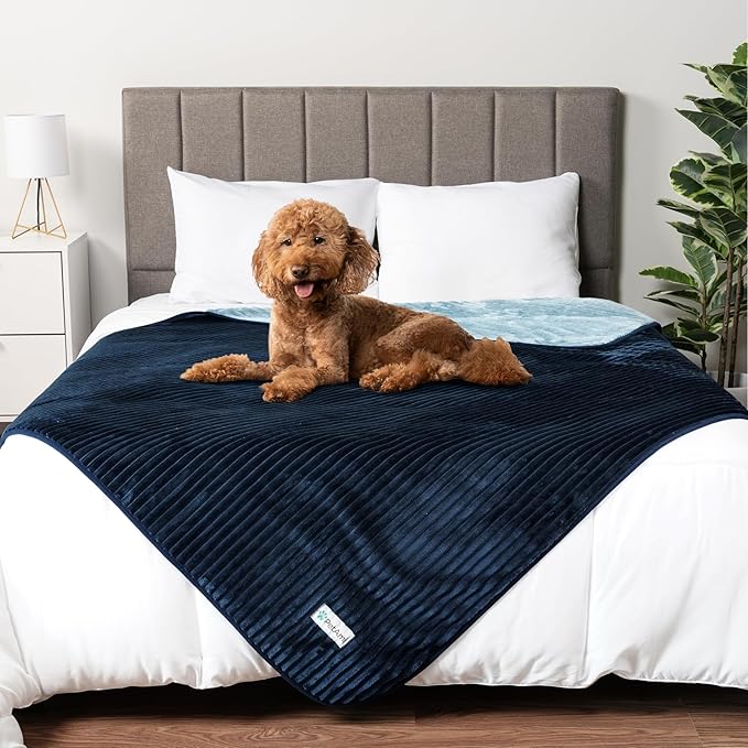 PetAmi Waterproof Dog Blanket, Leakproof Pet Blanket for Small Medium Large Dogs, Reversible Furniture Bed Sofa Couch Cover Protector, Plush Striped Pet Throw for Indoor Cat, 60x80 in, Navy Blue