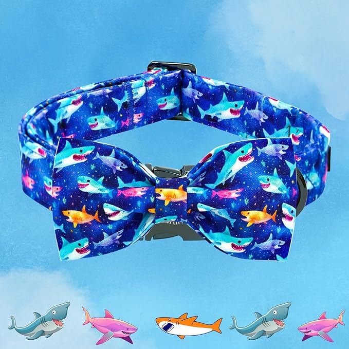 Elegant little tail Dog Collar- Cute Shark Dog Collar with Bow for Large Dogs, Male Adjustable Cotton Summer Pet Holiday Puppy Collar for Small Medium Large Dogs