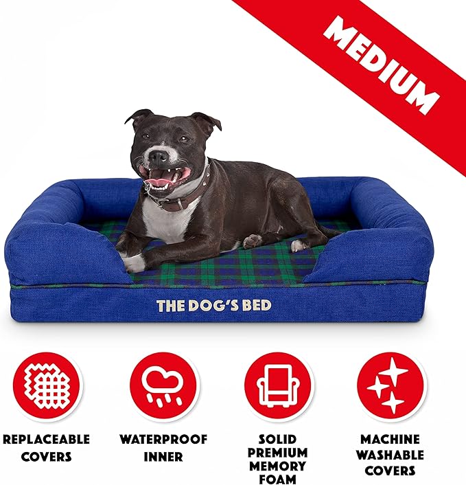 The Dog’s Bed Orthopedic Memory Foam Dog Bed with Bolsters, Oxford Fabric, Black Watch Tartan, Medium