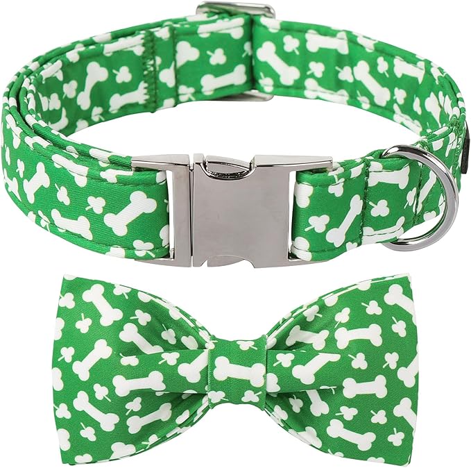 Lionet Paws St. Patrick Green Dog Collar, Bone Dog Collar for Large Dogs, Adjustable Cotton Clover Pet Collars for Medium Large Dogs