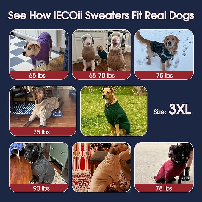 IECOii XXXL Dog Sweater,Warm Dog Sweaters for Extra Large Dogs Girl Boy,Stretchy & Cozy,Turtleneck Knitted Pullover for Pet Wear On Holiday,Easy On Doggy Sweatshirt for Labrador (Rose red,XXXL)