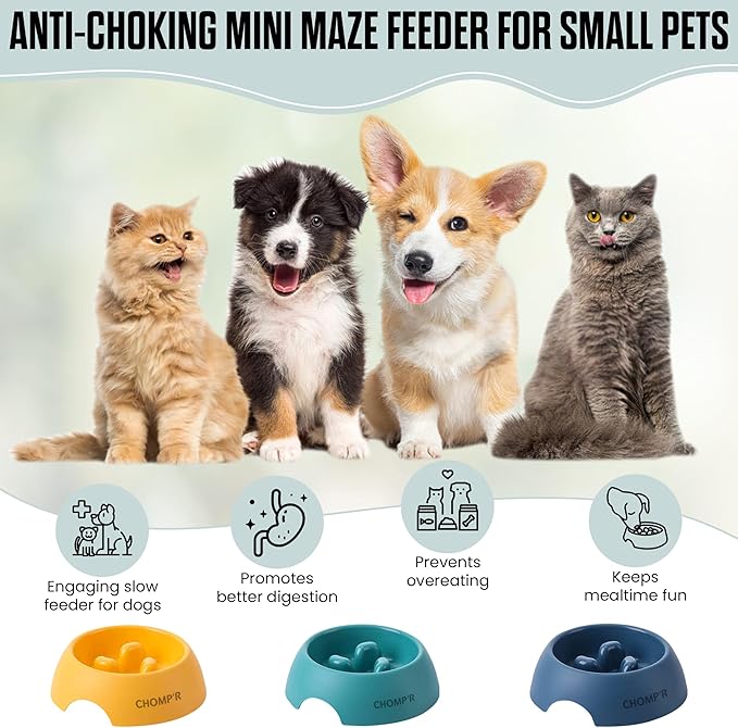 CHOMP'R Slow Feeder Dog Bowl for Small Breeds, Food Grade Interactive Puzzle, Non Slip Bowl to Slow Down Eating, Anti-Choking Mini Maze for Small Dogs Cats Puppies, Yellow