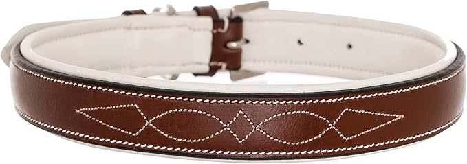 Exion Geniun Leather Dog Collar Designer Stitched Soft Leather Padded- Suitable for Small Medium Large X-Large Dogs for Walking Running- Oak Brown with White Padding