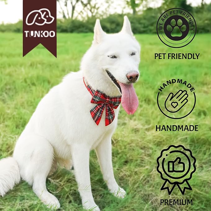 Tunkoo Christmas Dog Collar with Pretty Bow Tie - Red & Green Plaid Pet Collar, Adjustable Available in Small Medium Large, Gift for Girls Boys Dog, M
