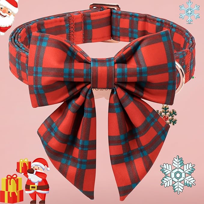 DOGWONG Christmas Dog Collar with Bow Tie, Red Green Plaid Dog Collar Durable Metal Buckle Adjustable Soft & Cute Red Checkered Dogs Collars for Small Medium Large Dogs, L