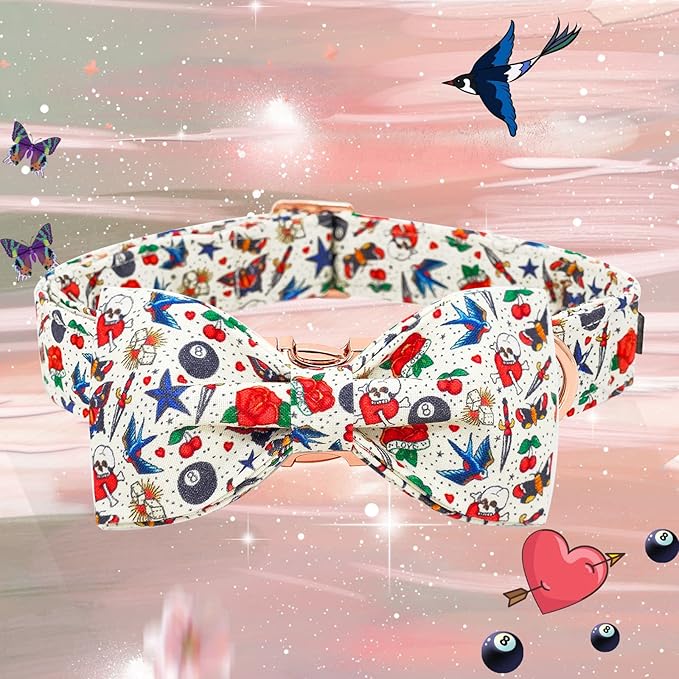 Elegant little tail Valentine's Dog Collar, Rose Print Dog Collar Cute Girl or Boy Puppy Collars Bowtie Pet Gift Adjustable Pet Collars for X-Small Dogs