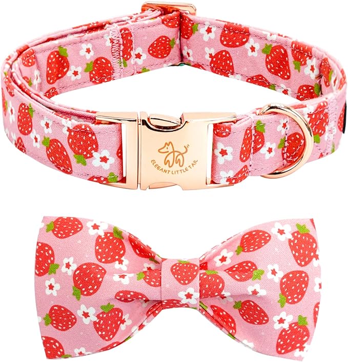 Elegant Little Tail Spring Dog Collar with Strawberry Print Cotton Soft Floral Collar for Small Dogs