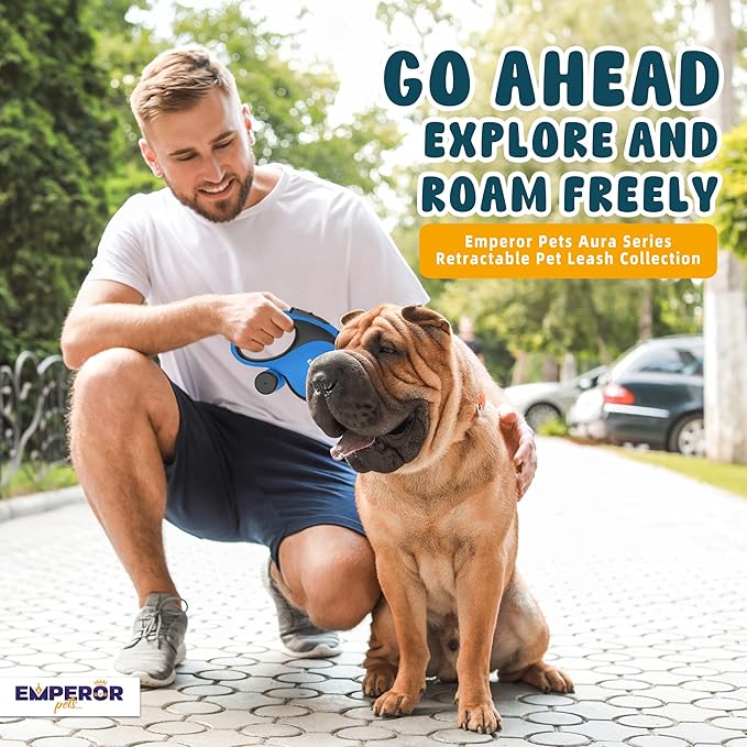 Emperor Pets 26 ft Retractable Dog Leash Blue - Heavy Duty Retractable Pet Leash with Anti-Slip Grip for Medium to Large Dogs up to 110 lbs -Aura BL26