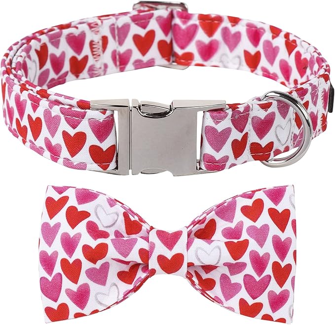 Lionet Paws Valentine's White Dog Collar, Cute Heart Dog Collar for Small Dogs, Adjustable Cotton Pet Puppy Collars for Small Dogs