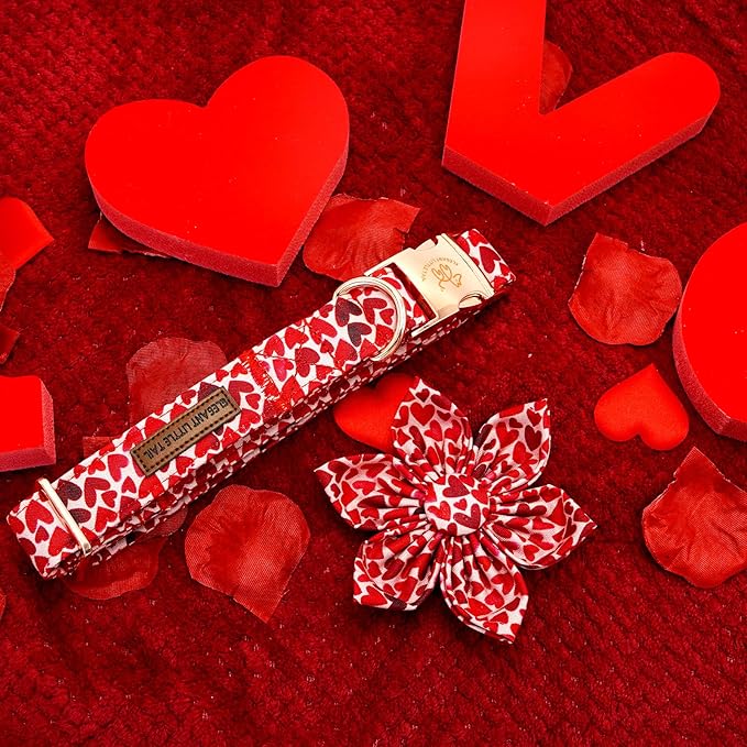 Elegant little tail Valentine's Dog Collar with Flower, Cute Heart Dog Collar for Medium Dogs Female Adjustable Cotton Pet Collar with Flower for Small Medium Large Dogs