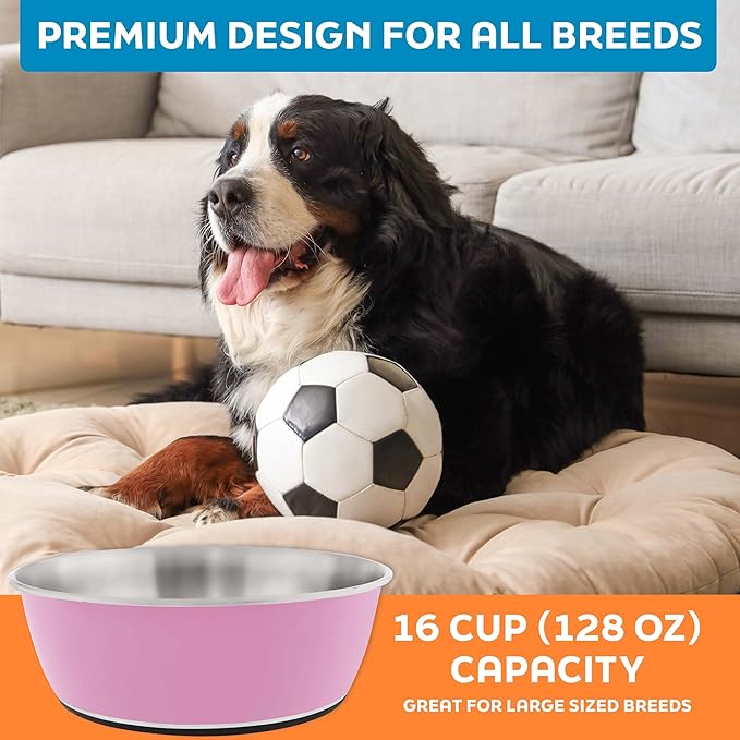 Master Pet Supply Stainless Steel Dog Bowls Set of 2 (128 Oz Each) with Non-Slip Rubber Base - Hyper Pink - Basic Dog Food Bowl Water & Food Bowls for Small Medium Large Dogs & Cats, Metal Dish