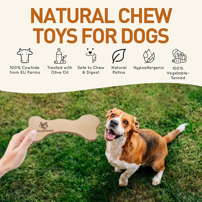 Wildfang® Leather Dog Toy, Large – Soft Dog Chew Toys for Gentle Chewers, Puppies, Senior or Older Dogs with Sensitive Teeth – Non-Toxic, Stuffless, 5mm Leather Bone for Dogs Over 33 lbs, Pack of 3