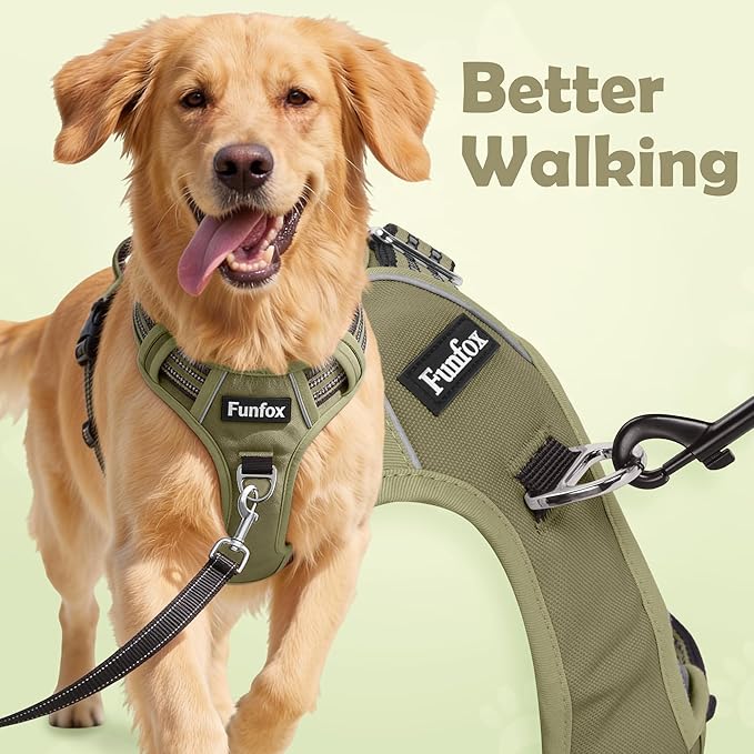 Funfox Dog Harness No Pull, Adjustable Pet Vest Harness, Super Soft Material with Vertical Handle Easy Control, Reflective Night Walking, 2 Leash Clips for Medium Sized Dogs, Army Green, M