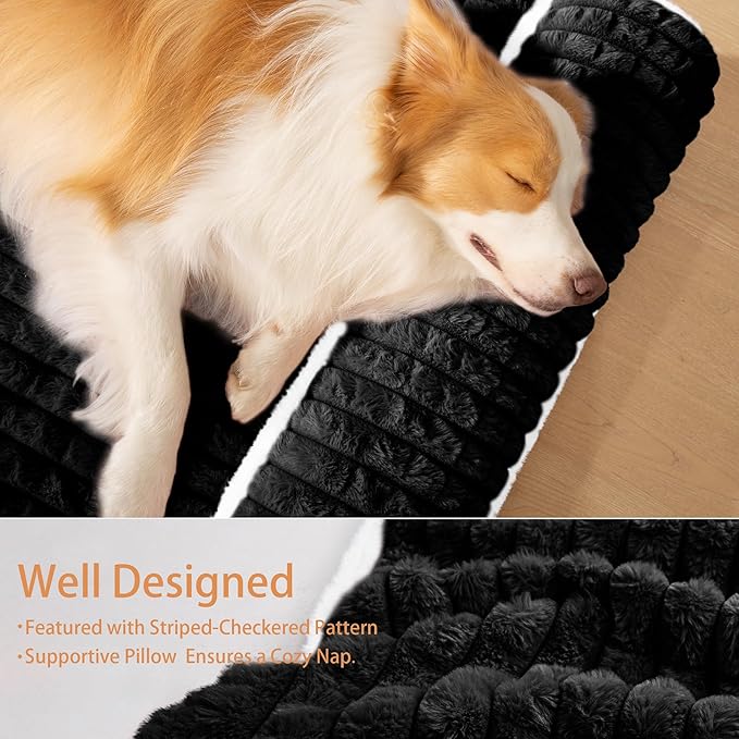 Orthopedic XL Dog Bed Large Sized Dog with Pillow 42''X28'', Waterproof Soft Comfortable Egg Crate Foam Pet Crate Beds Mat with Removable Washable Cover and Non-Slip Bottom, Black