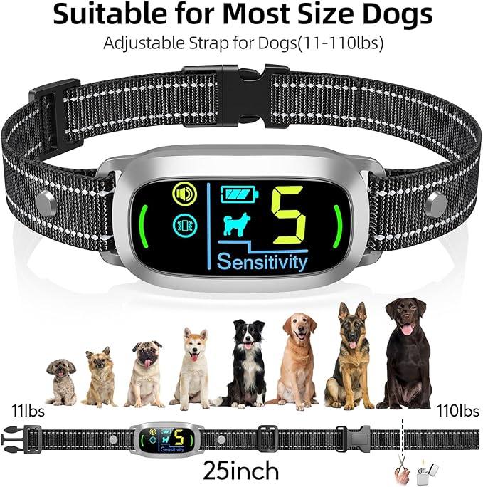 Dog Bark Collar for Large Medium Small Dogs, Rechargeable Smart Bark Collar, Anti Barking Training Collar with 5 Adjustable Sensitivity Beep Vibration (Silver)