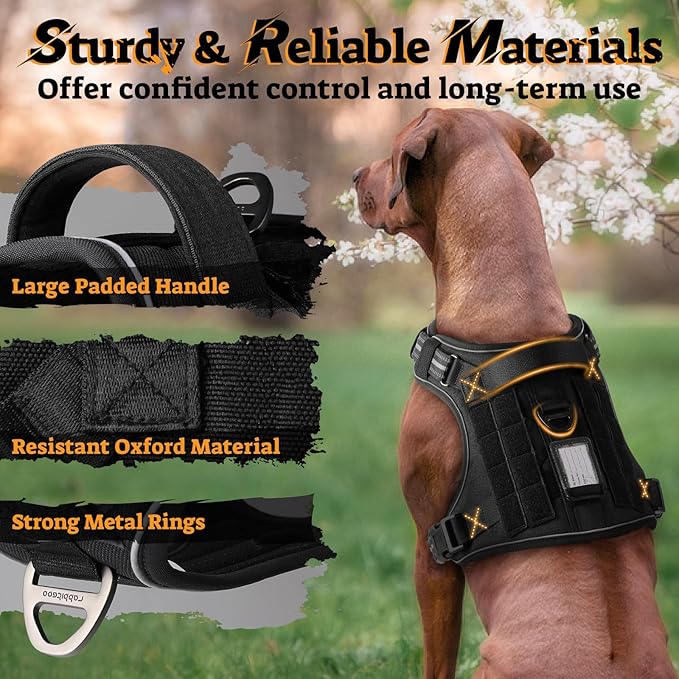rabbitgoo Dog Harness for Large Dogs No Pull, Tactical Service Pet Vest with Molle and Control Handle, Adjustable and Reflective Military Harness for Easy Walking and Training, Black, L