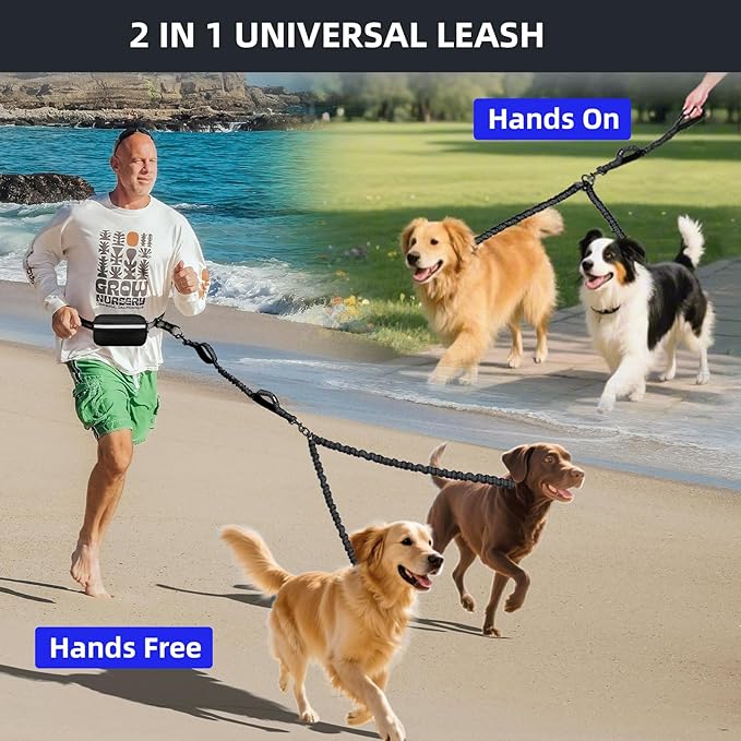 Hands Free Double Dog Leash with Pouch, Dual Leash for 2 Dogs with Reflective Padded Handles, Durable Bungee and Lumbar Waist Belt for Walking, Jogging and Running (Small, 8-25 lbs)
