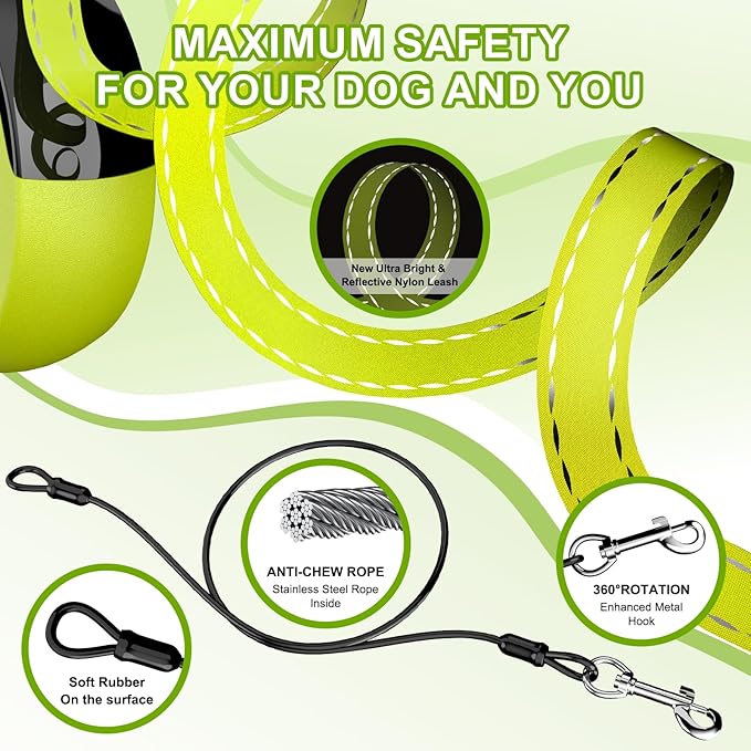 Upgraded Retractable Dog Leash 16.4ft' - Heavy Duty Reflective Retractable Leash with Anti-Slip Soft Grip - Detachable Poop Bag and Chew Proof Cable Included Small Medium Large Dogs up to 66 lbs