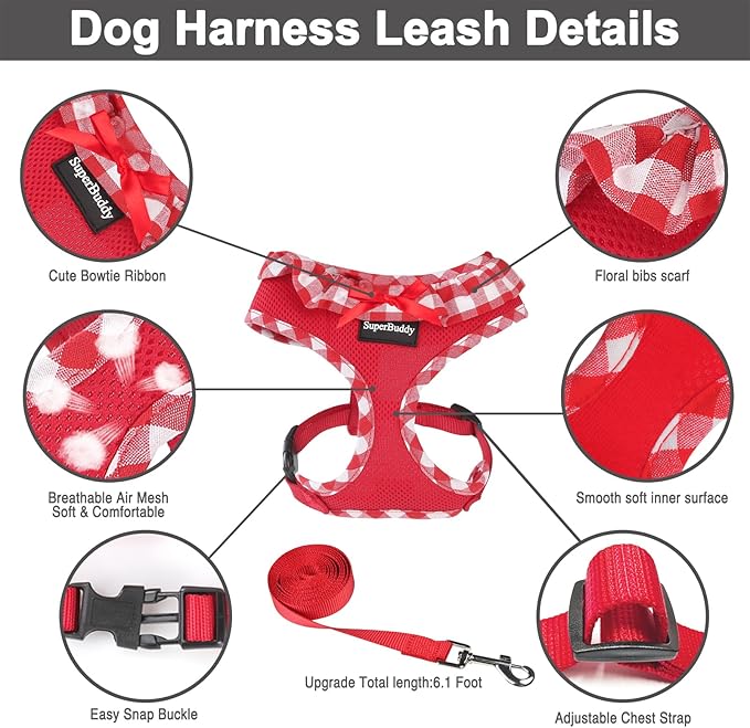 SuperBuddy Upgraded Soft Mesh Dog Harness, Super Breathable Lightweight Pet Harnesses for Puppy Dogs Outdoor Walking, Red Dog Harness and Dog Leash Set Packing -Medium
