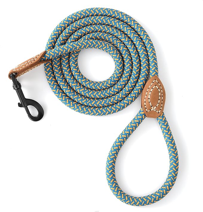 Mile High Life Rope Leash with Genuine Leather Connection, 6 FT/5 FT/4 FT, Heavy Duty Dog Leash for Medium & Large Dogs (Peacock Blue, 72 Inch)